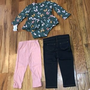 NEW 3 piece baby  carter peplum Butterfly top , pants , jean bundle set 18M